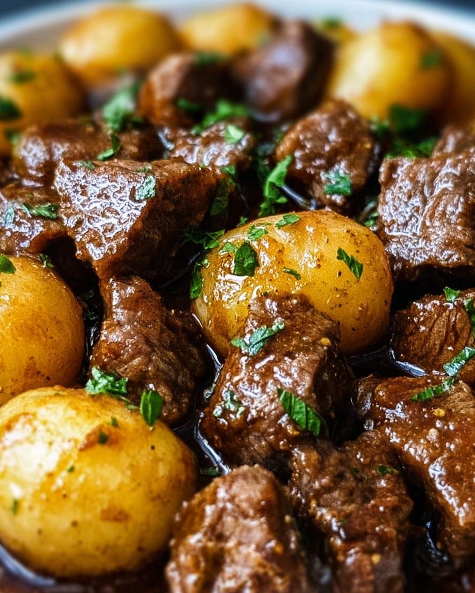 The image shows a close-up of a bowl filled with a stew. The dish has two main layers: the base layer is made of golden-brown baby potatoes with smooth, shiny skins, scattered evenly around the bowl. On top of and mixed with the potatoes are medium-sized chunks of dark brown beef, which have a slightly glossy, cooked texture covered in a rich, thick sauce. The dish is garnished with small pieces of chopped green herbs sprinkled on the meat and potatoes, adding a fresh contrast. The bowl is white with a subtle texture, placed on a white marbled surface. photo taken with an iphone --ar 4:5 --v 7
