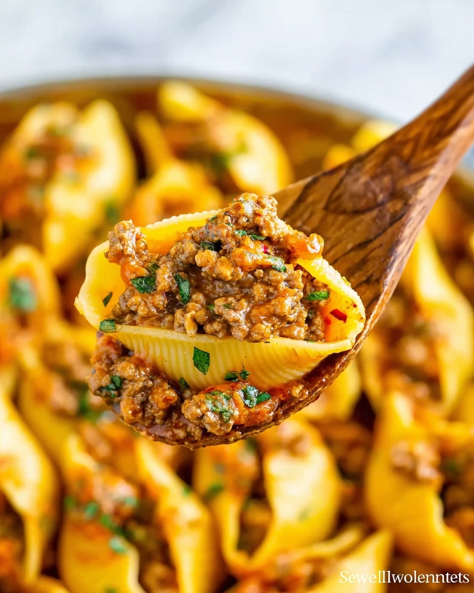 This image shows a close-up of a wooden spoon lifting a scoop of stuffed pasta shells. The pasta shells are large, yellow, and smooth, filled with a mix of browned ground meat and finely chopped green herbs. The meat filling has a crumbly texture and is mixed evenly within each shell. The shells are coated lightly in a reddish-orange sauce that adds a shiny glaze and some scattered red pepper pieces. In the background, more stuffed shells form a soft, blurred yellow and brown mix against a white marbled surface. photo taken with an iphone --ar 4:5 --v 7