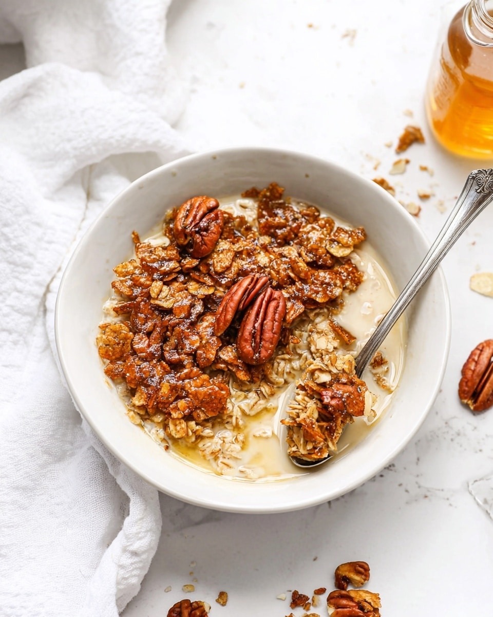 A white bowl sits on a white marbled surface, filled with a single layer of soft beige oatmeal mixed with milk, topped with a thick layer of golden brown baked oat crisp that is studded with glossy, caramelized pecans. A silver spoon rests inside the bowl, lifting a piece of the oat crisp along with one pecan, showing the texture of the crunchy top layer and the soft oats underneath. The scene includes a small glass bottle with golden syrup on the right side and a white cloth in the background. A few broken pecan pieces are scattered near the bowl. photo taken with an iphone --ar 4:5 --v 7