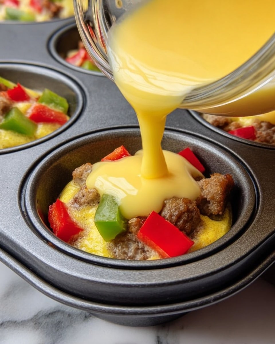 The image shows a close-up of a dark metal muffin tray with four visible cups, each filled with a mixture for mini egg muffins. In one cup, there is a bottom layer consisting of chunks of brown sausage and pieces of bright green and red bell peppers. A yellow egg mixture with a smooth, slightly thick texture is being poured from a clear glass bowl into this cup, covering the sausage and peppers partially. The background is a white marbled surface. photo taken with an iphone --ar 4:5 --v 7