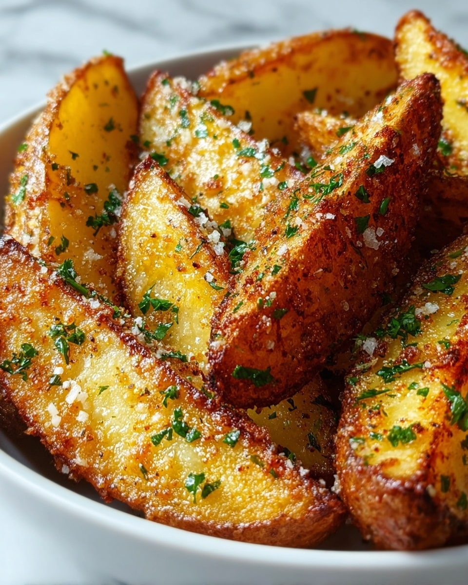 A close-up of several golden potato wedges stacked together on a white marbled surface, each wedge showing a crispy browned outer layer speckled with finely grated white cheese and green chopped herbs evenly spread on top, the texture of the potatoes is crunchy with small charred bits and coarse spices visible, the inside of each wedge looks soft and cooked through with a warm yellow color, the image focuses on the details of the coating and seasoning on the wedges, photo taken with an iphone --ar 4:5 --v 7