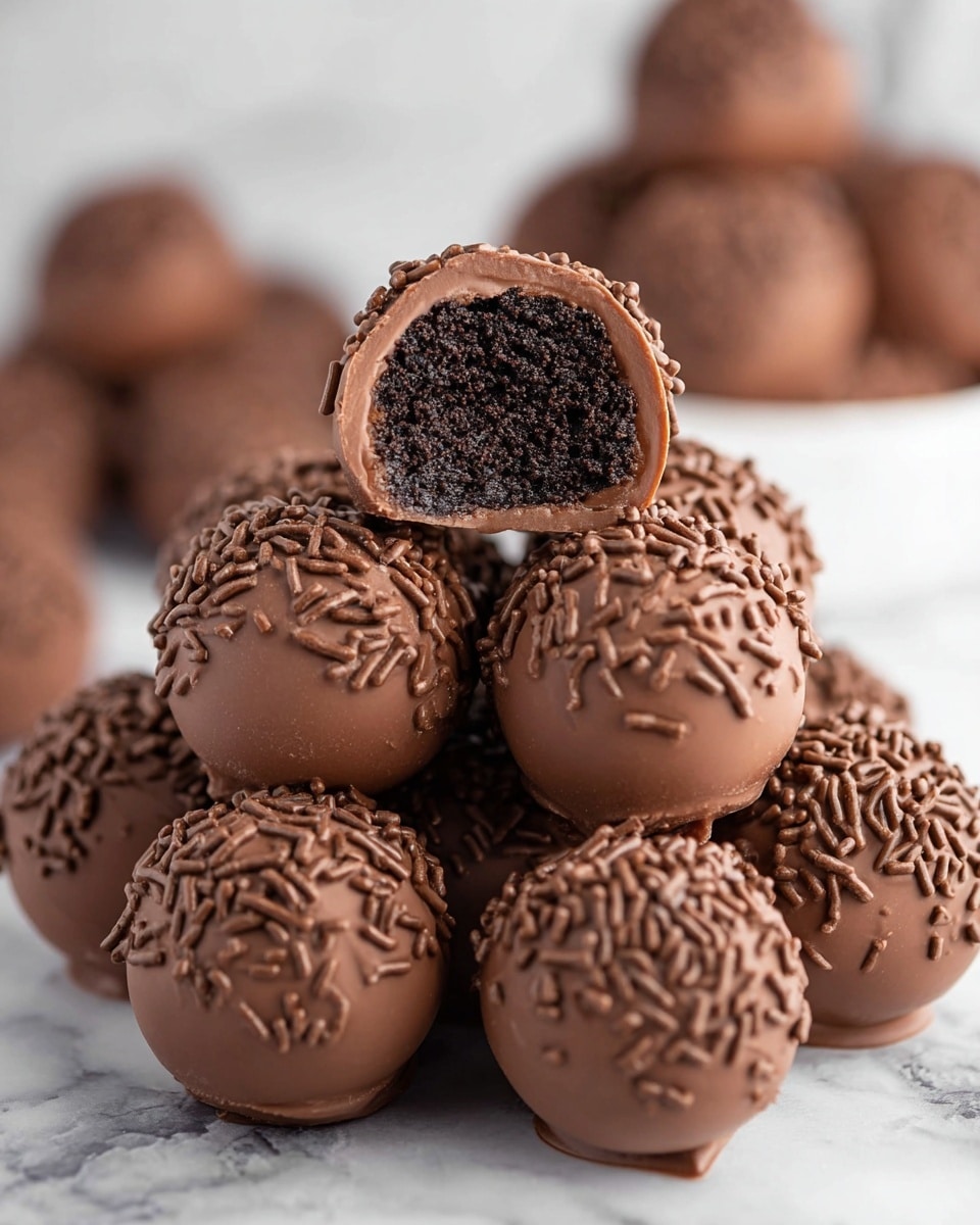 A pile of round chocolate balls covered in smooth milk chocolate and topped with small chocolate sprinkles sits on a white marbled surface. The balls showcase three distinct layers: a dark, crumbly chocolate cake center; a thick, smooth milk chocolate coating surrounding the cake; and a final layer of milk chocolate sprinkles scattered on top. One ball is cut in half and placed on top of the pile, clearly showing the dark, moist cake inside surrounded by a thick, shiny milk chocolate layer with sprinkles on the outer shell. In the background, more chocolate balls are softly blurred, creating depth in the image. photo taken with an iphone --ar 4:5 --v 7