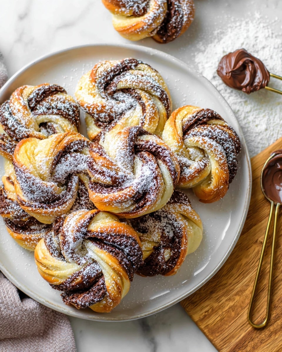 Several twisted pastry swirls are placed on a white plate and a wooden board. Each pastry has multiple layers of golden brown dough intertwined with dark chocolate filling, creating a spiral pattern with visible thick bands of chocolate between the flaky dough. The edges are slightly crisp and shiny, and the pastries are dusted with a light sprinkle of white powdered sugar on top. A silver spoon with chocolate spread rests nearby on the board. The whole scene is set on a white marbled texture surface. photo taken with an iphone --ar 4:5 --v 7