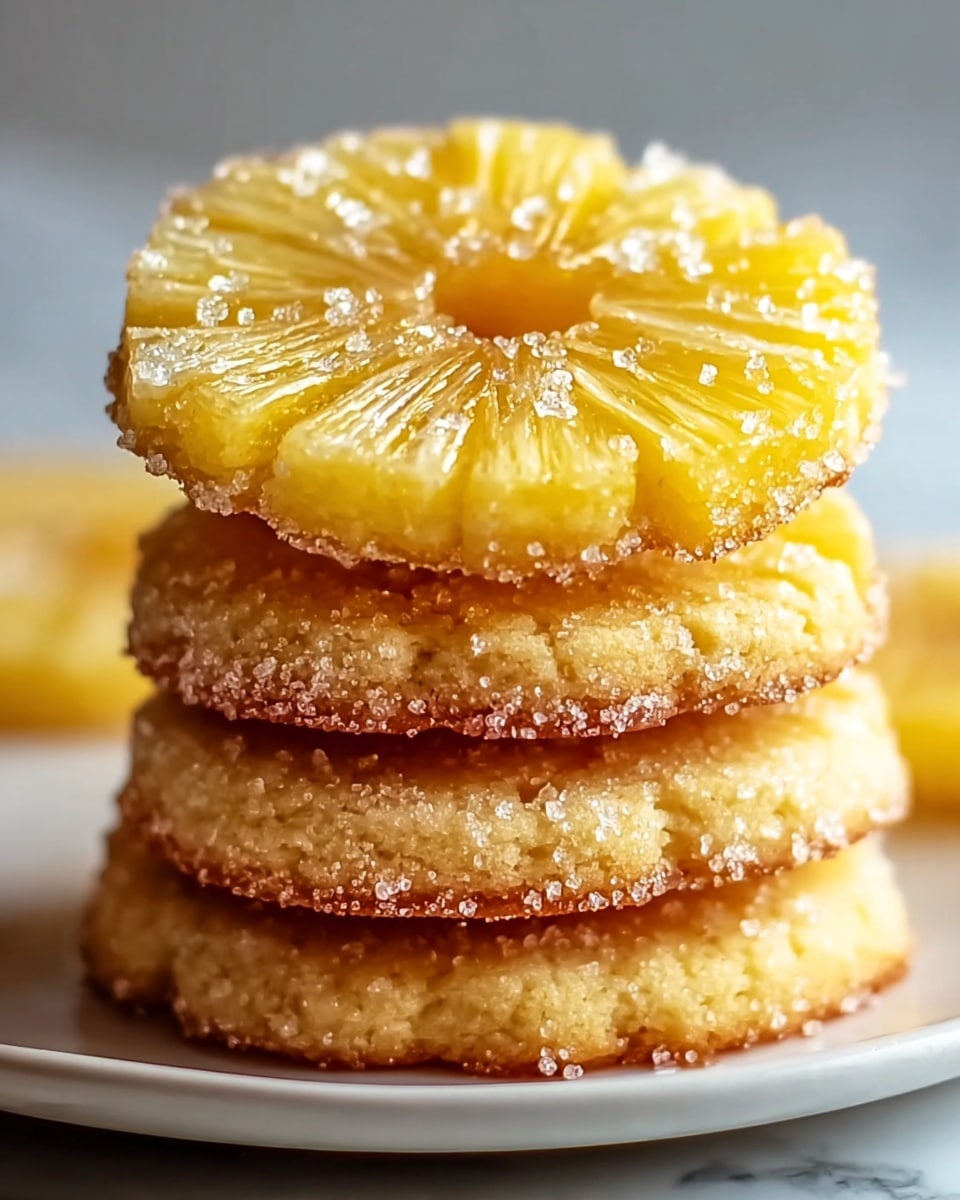 A close-up view of a stack of four pineapple cookies placed on a white plate sitting on a white marbled surface. Each cookie has a golden-yellow color with a lightly crumbly texture covered in sugar crystals around the edges. The top cookie is decorated with a thin, translucent slice of pineapple with visible segments radiating from the center, which is sprinkled with coarse sugar crystals that sparkle under the light. The cookies below have a uniform thickness and a slightly cracked surface, showing their soft inside. The photo taken with an iphone --ar 4:5 --v 7