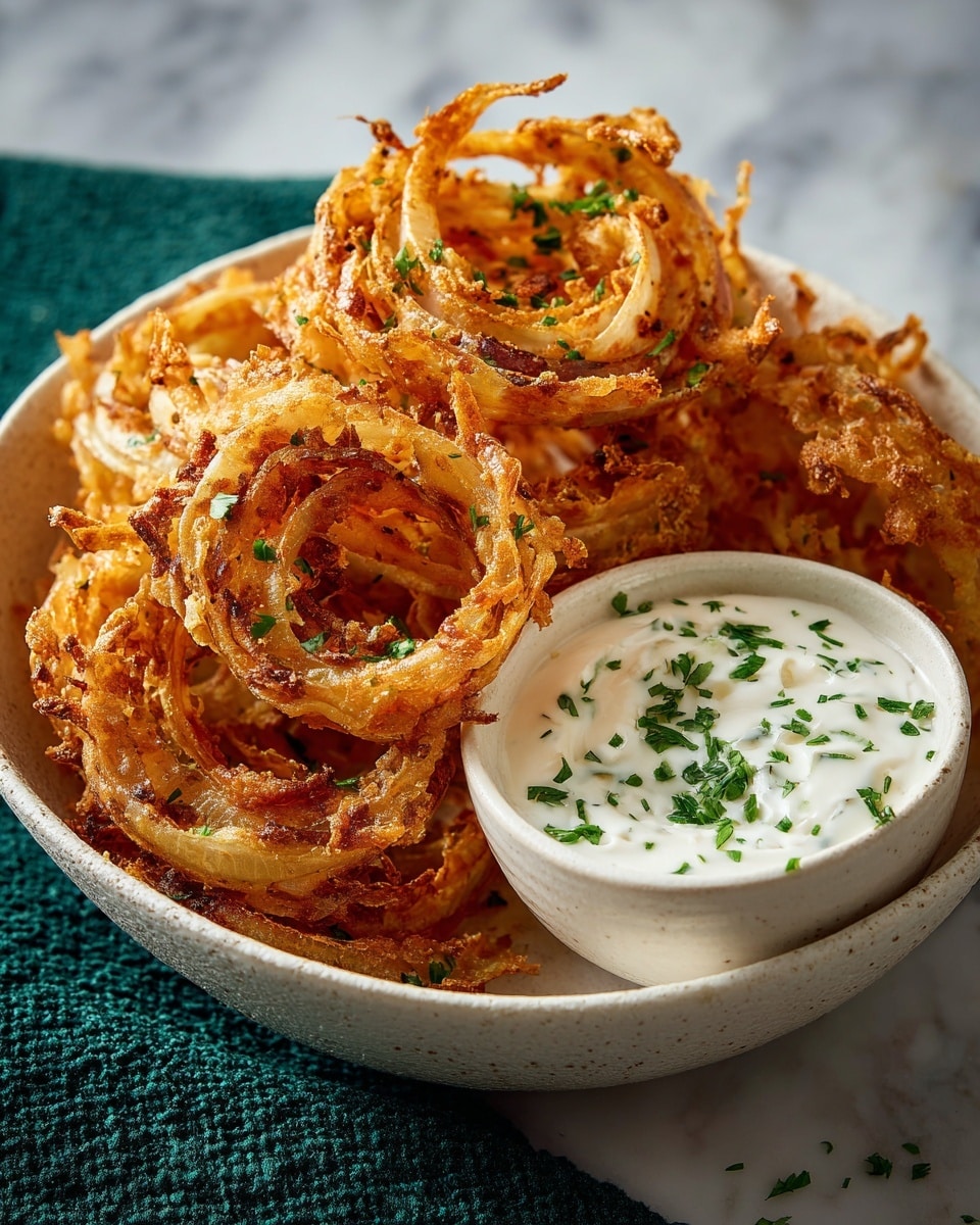 A round white bowl filled with thin, crispy golden-brown onion rings stacked in layers, some showing their curled, textured edges with a crunchy look, sprinkled with small pieces of green herbs. In the middle of the bowl sits a smaller round white bowl filled with smooth, creamy white sauce topped with bits of chopped green herbs. The bowl is on a white marbled surface with a textured dark green cloth on the left side. Photo taken with an iphone --ar 4:5 --v 7