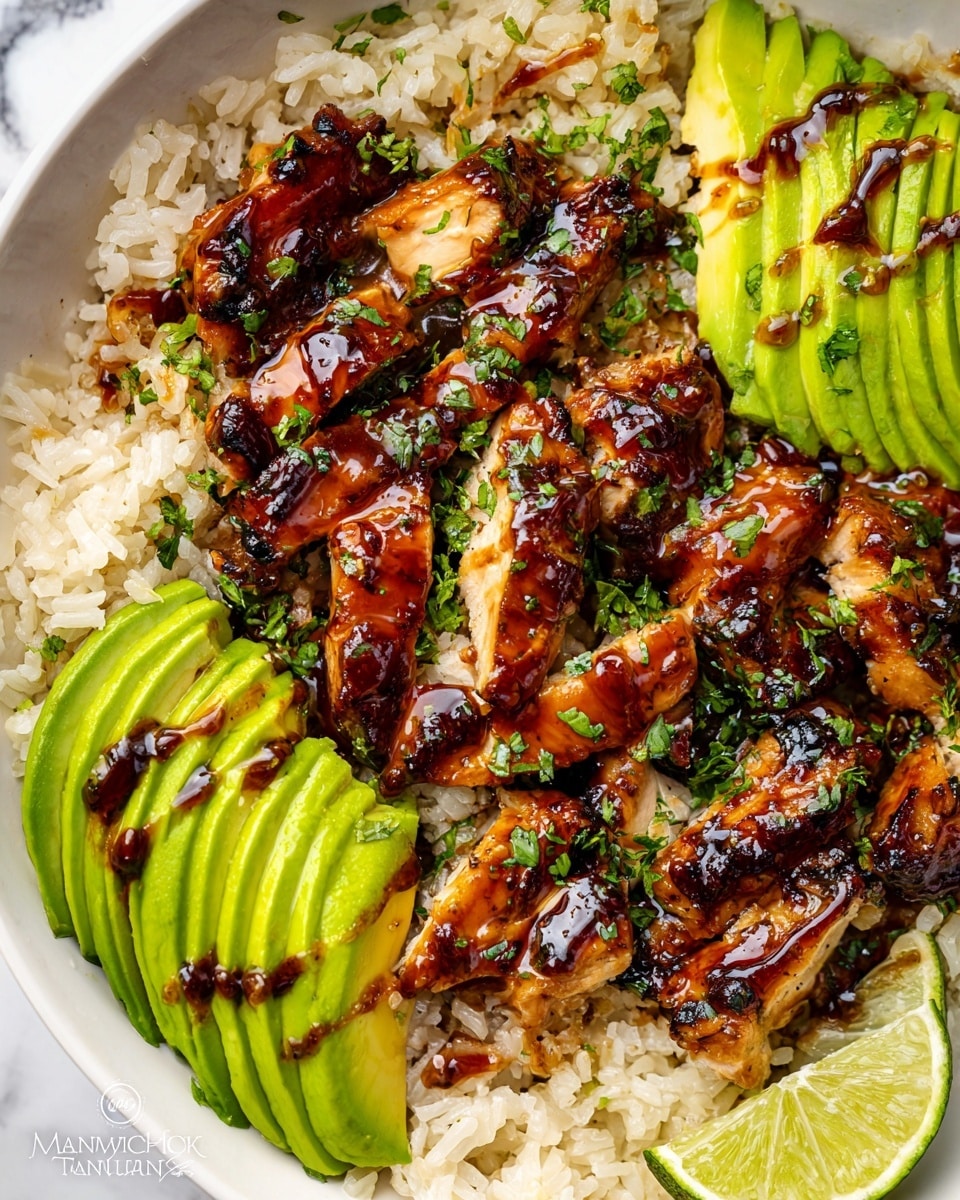 The dish is served in a white bowl placed on a white marbled surface. The base layer consists of fluffy cooked rice, light beige in color with a soft texture. On top of the rice are pieces of grilled chicken, covered in a shiny, dark brown glaze with charred edges, giving a glossy and slightly sticky look. Scattered over the chicken are small bits of chopped green herbs. Around the chicken and rice, there are ripe avocado slices, bright green with a smooth, creamy texture, arranged neatly with a drizzle of dark sauce on some pieces. A wedge of lime with a bright green rind and juicy inside is placed on one side of the bowl. The entire scene looks fresh and colorful with contrasting textures. Photo taken with an iphone --ar 4:5 --v 7