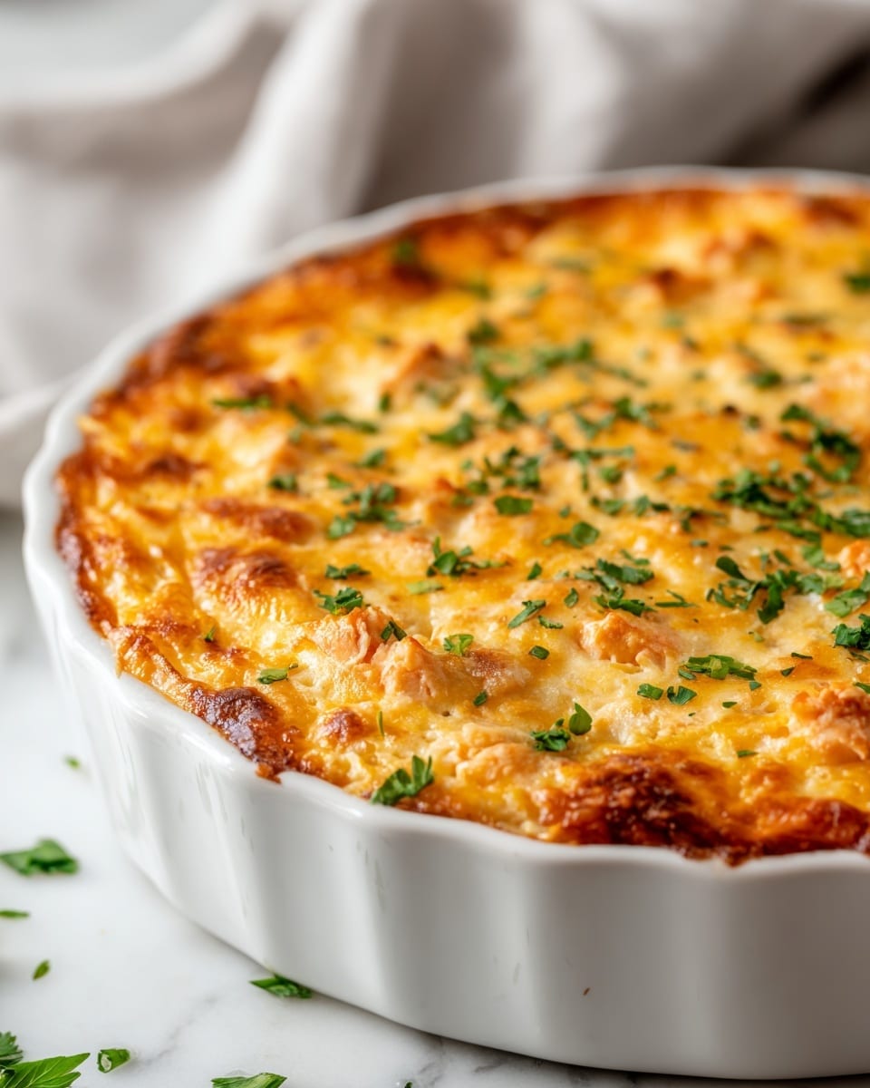 A close-up of a white ceramic round dish filled with a baked creamy casserole that has a golden-brown top layer, showing a slightly crispy texture with melted cheese and small chunks of chicken visible. The surface is sprinkled lightly with chopped fresh green herbs, adding a pop of color. The casserole fills the dish fully, with the edges browned and bubbling. The dish is placed on a white marbled surface with a soft focus light gray cloth in the background. photo taken with an iphone --ar 4:5 --v 7