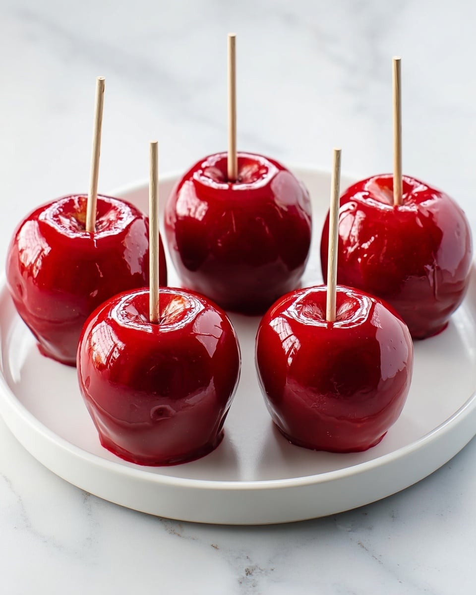 Five shiny red candy apples with smooth, glossy coating are arranged on a round white plate. Each apple has a light wooden stick inserted at the top center. The apples have a rich, deep red color with some small reflections of light showing the smooth candy layer. The plate sits on a white marbled surface that gives a clean and bright background to the vibrant apples. Photo taken with an iphone --ar 4:5 --v 7