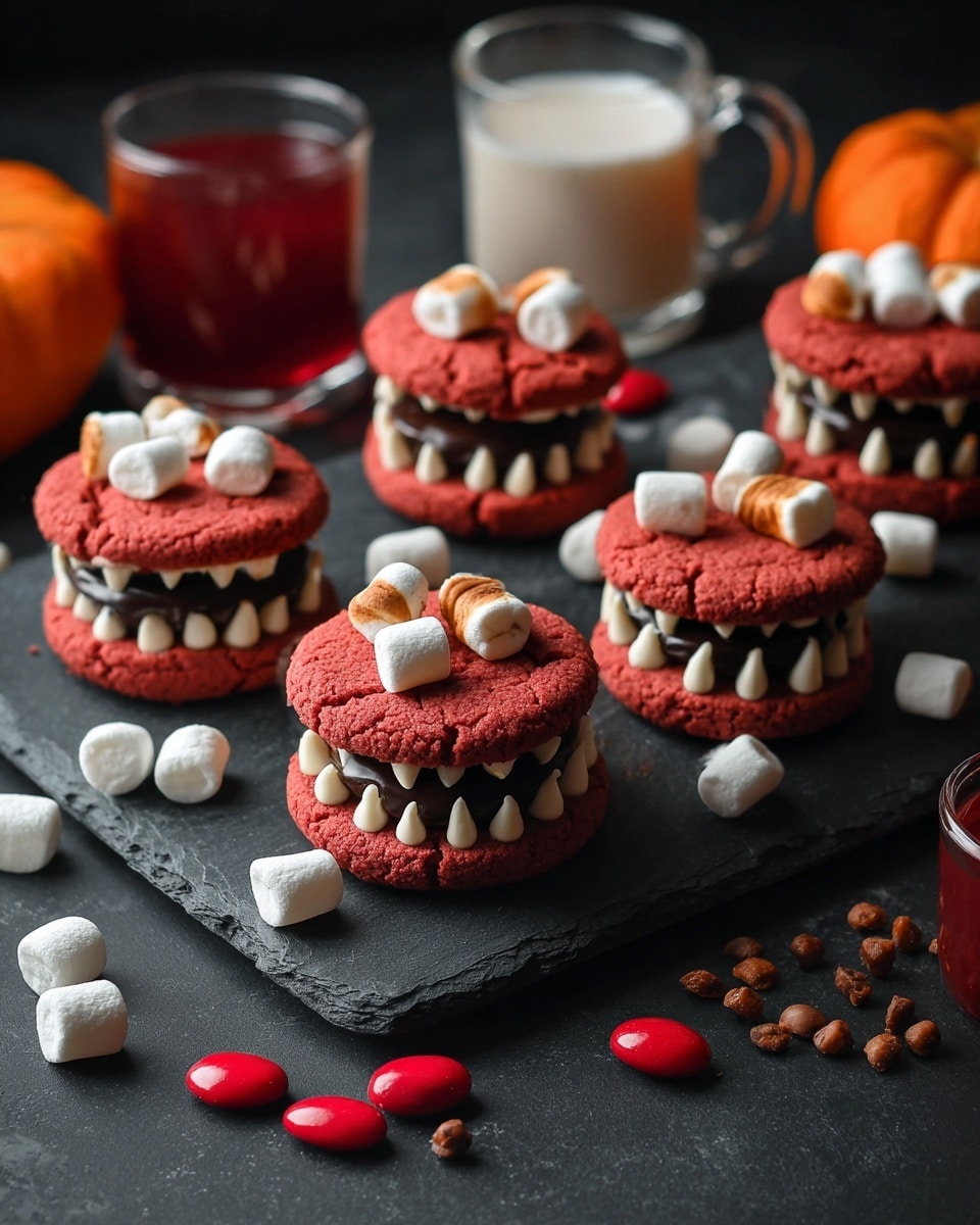 The image shows six red sandwich cookies arranged on a dark slate board, each cookie made of two rough-textured, bright red cookie layers. In between the cookie layers, there is a thick dark chocolate filling, with white, sharp, almond-shaped candies placed like teeth around the middle layer to resemble a mouth. The top cookie layer is decorated with small white marshmallows and brown almond slices scattered on top. Around the cookies on the board are scattered white toasted marshmallows and small red oval candies. In the background, there is a glass of red juice, a glass mug of white milk, and a small orange pumpkin, all placed on a dark surface. The setting is dramatic with soft lighting creating shadows. photo taken with an iphone --ar 4:5 --v 7
