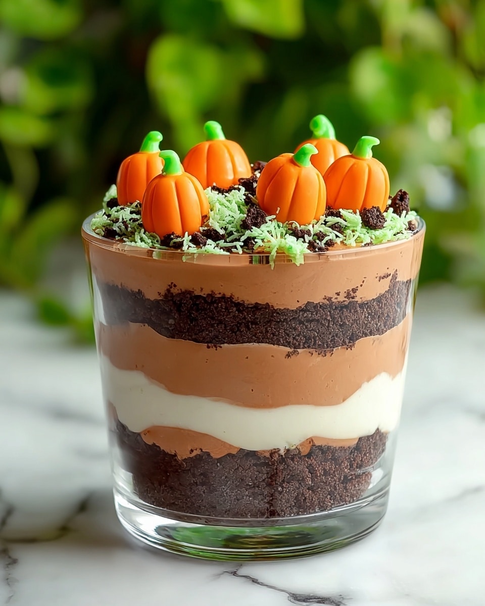 A clear glass cup shows a dessert with four visible layers, starting from the bottom: a crumbly dark brown layer, a thick light brown creamy layer, another crumbly dark brown layer in the middle, and topped with a thick light brown creamy layer. On top, there are small bright orange pumpkin-shaped candies with green tops, surrounded by crushed dark crumbs and light green shredded decoration. The dessert sits on a white marbled surface with blurred green plants in the background. Photo taken with an iphone --ar 4:5 --v 7
