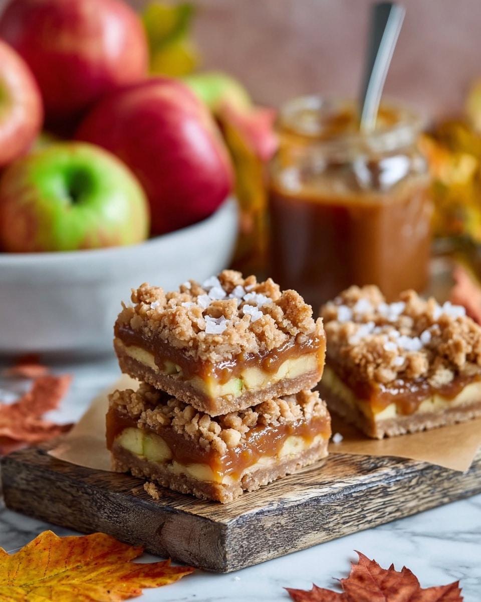 The image shows two square apple crumble bars stacked on a rustic wooden board, each bar having three visible layers: a light brown bottom crust, a middle layer with soft apple pieces and caramel sauce in caramel and yellow tones, and a crumbly textured top layer with golden brown crumbles and sprinkled with coarse white salt flakes. In the background, there is a clear jar filled with caramel sauce and a spoon inside, and a white bowl filled with red and green apples. The setting has autumn leaves around, placed on a white marbled surface. photo taken with an iphone --ar 4:5 --v 7