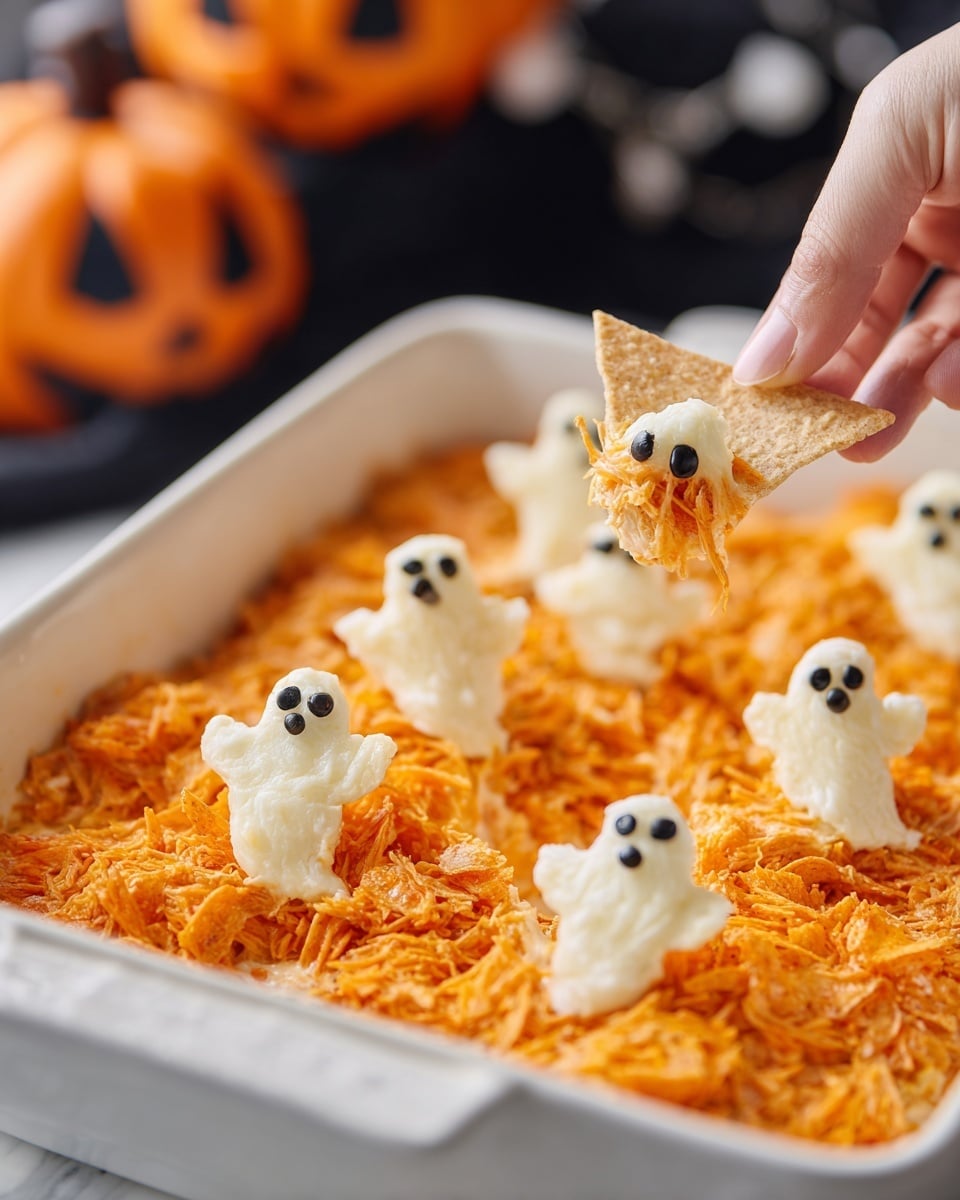 A white rectangular baking dish holds a layered hot dip with a bright orange shredded chicken base topped with several ghost-shaped cheese pieces that appear creamy white with two black olive slices for eyes. One piece has been scooped up on a triangular chip by a woman's hand, showing the orange shredded chicken underneath the ghost cheese layer. The dish sits on a white marbled surface with a blurred Halloween-themed decoration in the background. The mix of bright orange, creamy white cheese, and black olive eyes creates a fun, spooky look perfect for a party. photo taken with an iphone --ar 4:5 --v 7