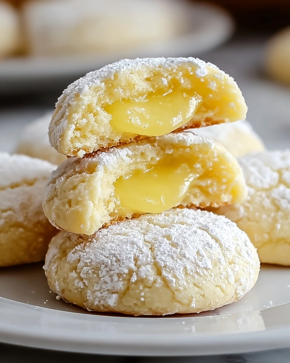 The image shows a close-up of a stack of three pale yellow cookies dusted lightly with white powdered sugar on top. The cookies have a soft, slightly crumbly texture with visible cracks, and the top cookie has a bite taken out of it, revealing a creamy, smooth filling inside. The focus is tight on the cookies, highlighting their tender and moist appearance. The background is a soft blur with a white marbled texture beneath the stack. photo taken with an iphone --ar 4:5 --v 7