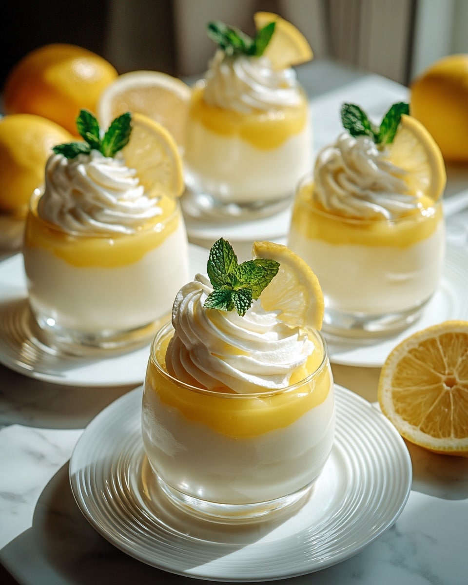 A set of small clear glass cups each containing a two-layer lemon dessert, with the bottom layer a pale yellow creamy firmness and the top layer a thick white whipped cream texture. Each cup is topped with a spiral of soft white whipped cream, garnished with a thin bright yellow lemon slice and a small fresh green mint leaf. The cups are arranged on a smooth white tray, placed on a white marbled surface with soft natural light. Photo taken with an iphone --ar 4:5 --v 7