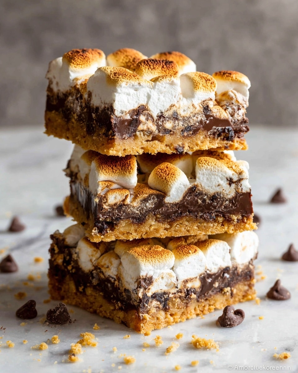 A stack of four dessert bars is shown, each bar having three layers: a golden brown crumbly base, a thick middle layer of dark chocolate chunks, and a top layer of toasted, puffy white marshmallows with light brown spots. The bars are stacked unevenly, with some crumbs and chocolate chips scattered around the base on a white marbled surface. photo taken with an iphone --ar 4:5 --v 7