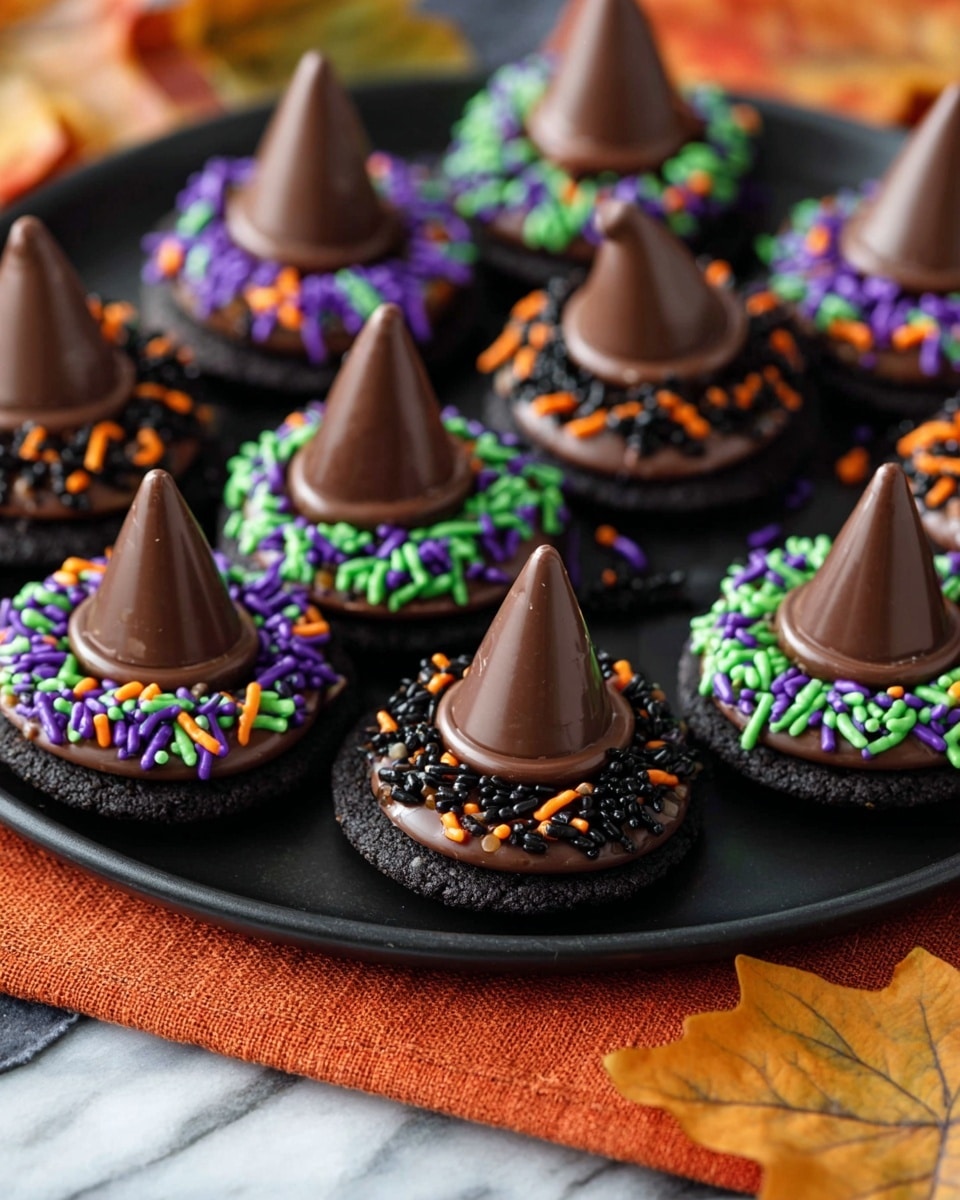 The image shows several small witch hat-shaped treats arranged neatly on a black tray. Each treat has a dark chocolate cookie as the base, topped with a smooth layer of milk chocolate. Around the milk chocolate, colorful sprinkles in green, purple, orange, and black create a ring that looks like a hat’s brim. At the center of each treat, a solid milk chocolate Hershey kiss sits upright, forming the pointed witch hat top. The whole tray is placed on an orange cloth with a couple of autumn leaves scattered nearby, all set on a white marbled texture surface. Photo taken with an iphone --ar 4:5 --v 7