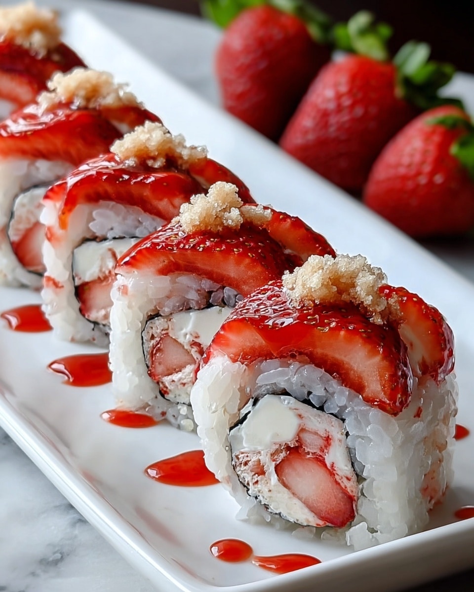 A white rectangular plate holds a row of six sushi rolls, each roll showing multiple layers: a center of bright red strawberry, surrounded by white cream, then a thin black seaweed layer, and an outer layer of sticky white rice. The top layer is a thin slice of pale pink fish or fruit, drizzled with a vibrant red sauce and sprinkled with light tan crumbly bits. The plate rests on a white marbled surface with a blurred background including scattered crumbs and hints of green and red colors. Photo taken with an iphone --ar 4:5 --v 7