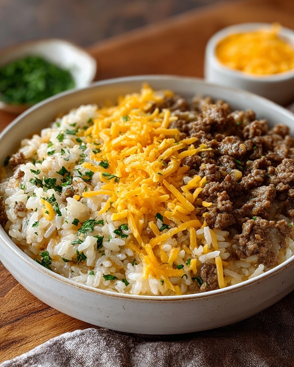A close-up of a white bowl filled with three main layers: the bottom layer is creamy cooked rice with small bits of browned cooked ground beef mixed throughout, the middle layer is more cooked rice and beef with finely chopped green herbs sprinkled all over, and the top layer has shredded yellow cheddar cheese scattered on top. The bowl sits on a wooden surface with a small white bowl in the background containing more shredded cheese and green herbs. The scene is bright and clear. photo taken with an iphone --ar 4:5 --v 7