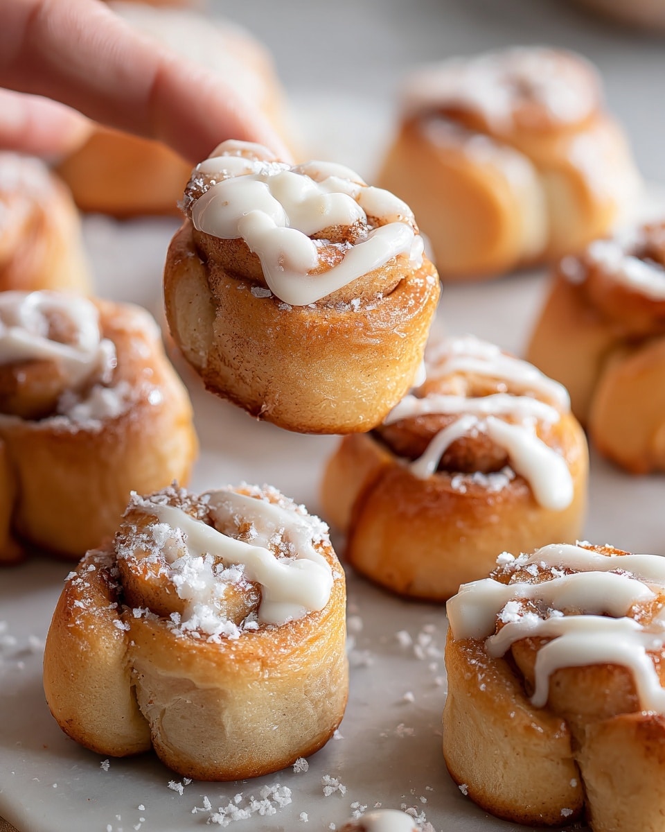 A close-up view shows many small golden-brown mini muffins arranged on a white marbled surface. Each muffin has a slightly crispy texture and is topped with a thick drizzle of white icing, with some icing looking smooth and creamy while others have a bit of a crystallized sugar look. Some muffins have small curls or folds of dough standing on top. Light white powdered sugar dusts the muffins, giving a soft snowy effect. The muffins are packed closely together, showing their uneven yet charming shapes. photo taken with an iphone --ar 4:5 --v 7