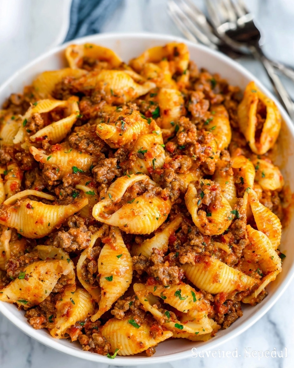 The image shows a close-up of a white bowl filled with pasta shells mixed with ground beef and a rich, reddish-orange sauce. The pasta is layered thickly, each shell coated with the sauce and bits of cooked meat. Small flecks of green herbs are scattered throughout the dish, adding a hint of color. The texture looks creamy and hearty, with some pasta pieces showing slightly browned edges. The bowl is placed on a white marbled surface, with a fork and knife blurred softly in the background. Photo taken with an iphone --ar 4:5 --v 7