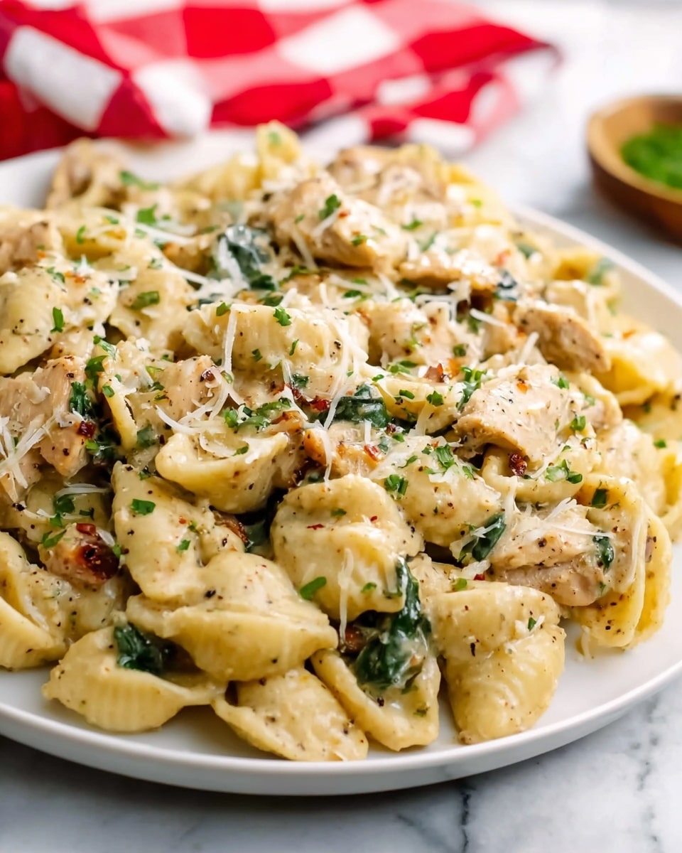 A close-up of a white plate filled with creamy pasta made with shell-shaped noodles, coated in a light beige sauce with visible herbs and pepper specks. The pasta is mixed with pieces of browned chicken and wilted green spinach leaves, all evenly layered and topped with small sprinkles of chopped green herbs and fine shreds of white cheese. The plate sits on a white marbled surface, with a red and white checkered cloth nearby. photo taken with an iphone --ar 4:5 --v 7