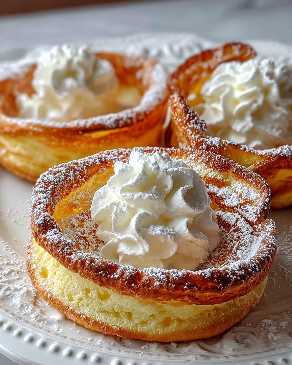 Three golden brown Dutch baby pancakes with puffed, crisp edges sit on a white plate with intricate raised patterns. Each pancake has a light dusting of powdered sugar that highlights the textured edges and slightly softer centers. On top of each pancake is a dollop of whipped cream, soft and white, with swirled peaks giving a fluffy look. The close-up view shows the delicate layering of the pancakes with airy, tender insides and slightly crispy outsides. The background is a white marbled texture, softly blurred. Photo taken with an iphone --ar 4:5 --v 7
