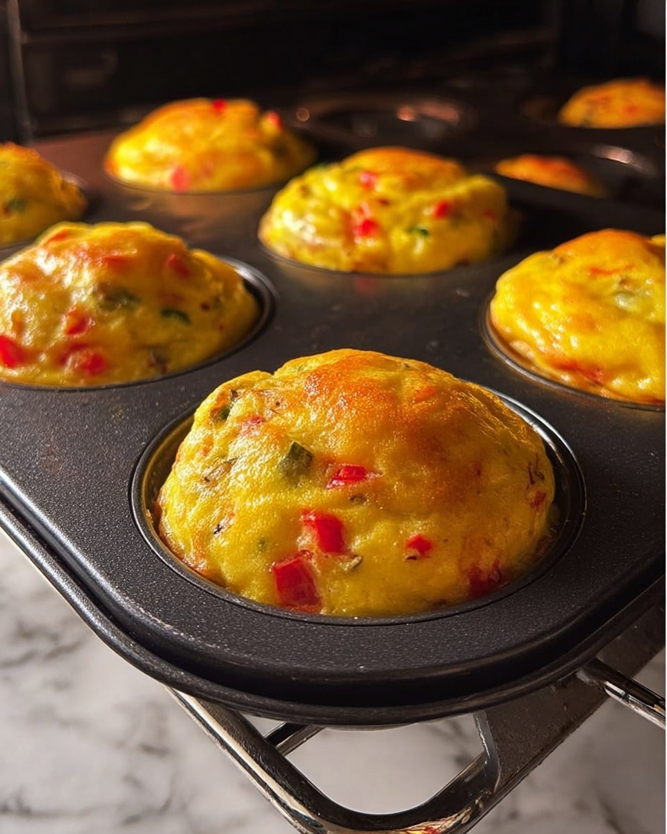 The image shows a close-up of six egg muffins baking inside a black muffin tray in an oven. Each muffin has a rounded dome shape and a bright yellow top with small chunks of red and green veggies scattered throughout, giving a textured look. The muffins are cooked enough to look slightly glossy and firm on top. The oven’s metal rack and the dark oven interior are visible around the tray, with soft warm light shining inside. The surface outside the oven is a white marbled texture. Photo taken with an iphone --ar 4:5 --v 7