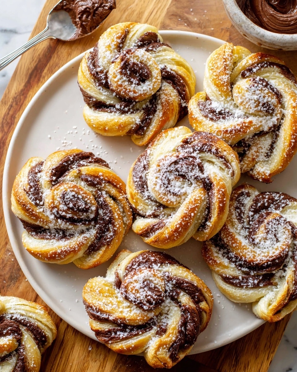 The image shows several twisted pastries arranged on a white plate, each with two main layers: a golden-brown flaky dough twisted with a dark chocolate spread, creating a spiral effect. The surface of the pastries is shiny and crisp, dusted with a fine layer of white powdered sugar. The plate rests on a white marbled surface, and next to it is a spoon with chocolate spread and a small sieve overflowing with powdered sugar, hinting at fresh dusting. The pastries are closely packed, showing their soft, layered texture and rich filling. photo taken with an iphone --ar 4:5 --v 7