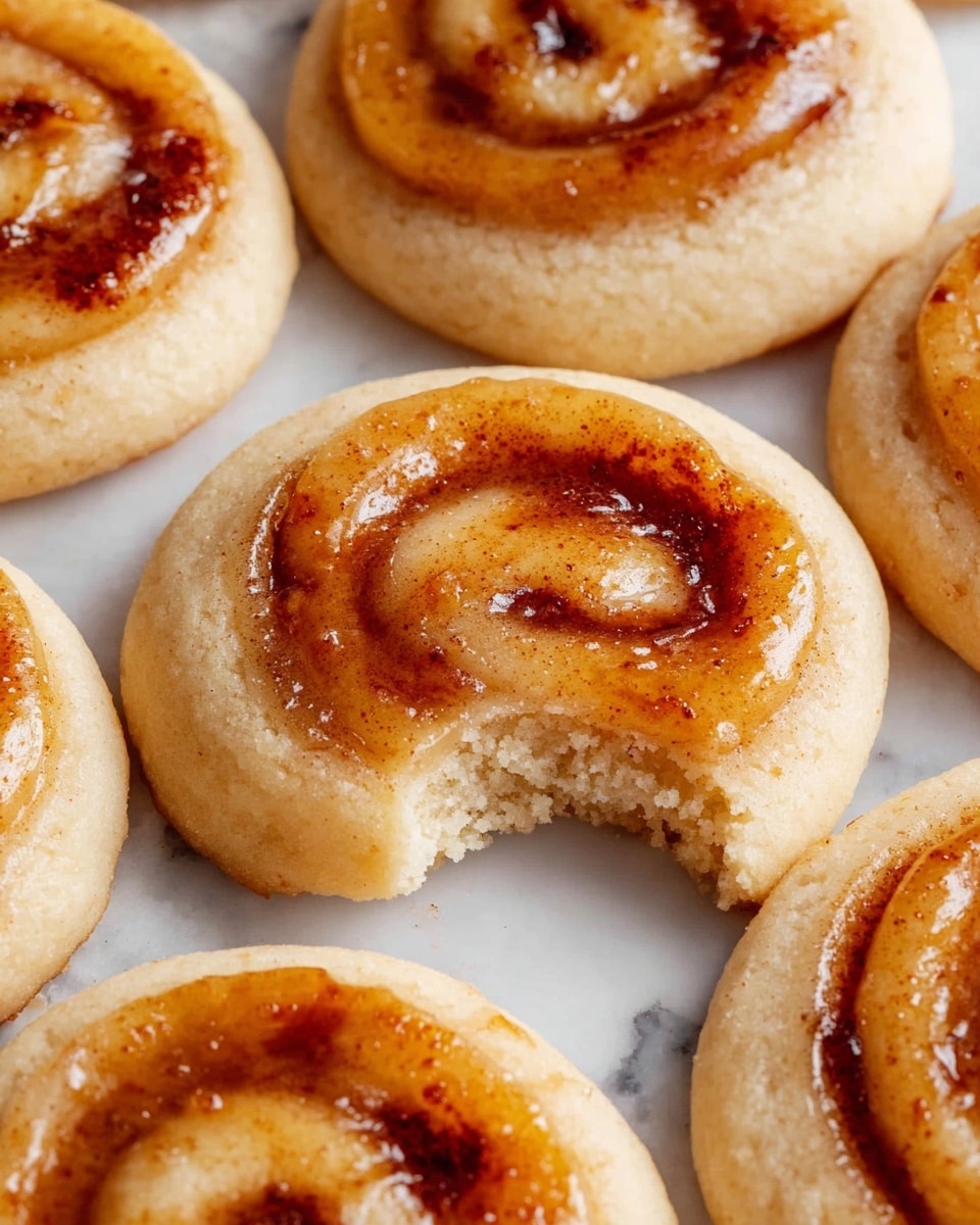 The image shows a close-up of several cinnamon roll cookies arranged on a white marbled surface. Each cookie has two layers: a light beige, soft-looking round base layer with a slightly grainy texture, and on top, a thicker, glossy caramel-colored swirl with a smooth but slightly sticky glaze, creating a spiral pattern. The caramel swirl has darker caramelized spots that add a burnt sugar effect. One cookie in the center has a bite taken out, exposing a soft, crumbly inside with a pale beige color matching the base layer. The cookies are placed close together, filling most of the frame. Photo taken with an iphone --ar 4:5 --v 7
