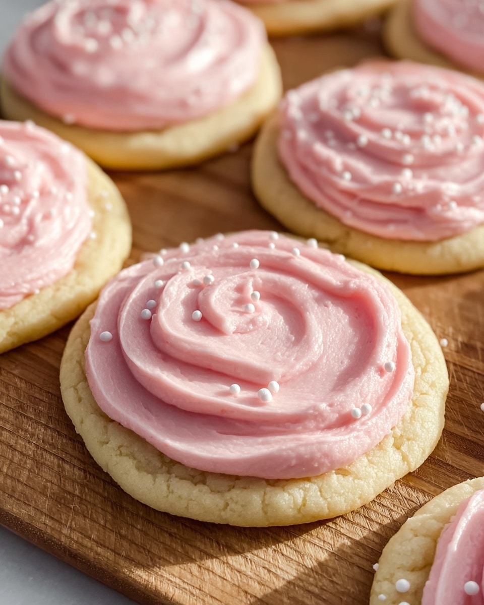 This image shows several soft sugar cookies arranged closely on a wooden board. Each cookie has one layer, with a pale golden base that looks soft and slightly thick. On top of each cookie is a thick, smooth layer of light pink frosting that is spread in circular, swirled patterns with a creamy texture. Small white round sprinkles are scattered on some of the frosted cookies. The natural light highlights the soft texture of both the cookies and the frosting, and the focus is on the center cookie. The cookies have a slightly uneven, homemade look. Photo taken with an iphone --ar 4:5 --v 7