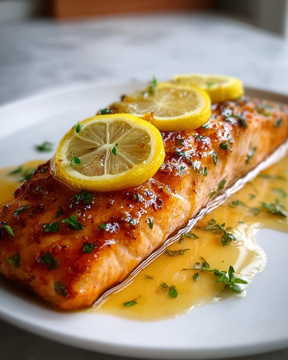 A piece of cooked salmon fillet with a shiny, golden-brown crust on top, covered in small green herb pieces and glistening with a light sauce that pools around its base. On top of the salmon, there are three thin lemon slices layered near the thicker end. The salmon is placed centrally on a plain white plate, which sits on a white marbled texture surface. The background is gently blurred to keep the focus on the salmon. Photo taken with an iphone --ar 4:5 --v 7