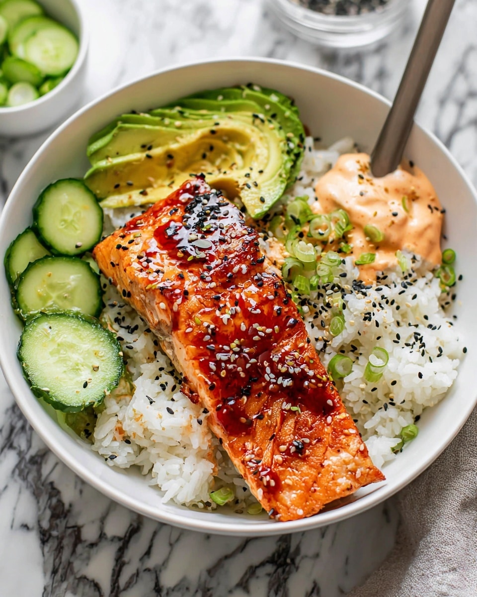 A white bowl holds a dish with three main layers: a base of white rice sprinkled with black and white sesame seeds, a middle layer of creamy orange sauce partially under the top layer, and a grilled salmon fillet on top, with a shiny, caramelized glaze in dark orange and reddish tones. On one side of the salmon, there are thin slices of green avocado with more sesame seeds and on the other side, several fresh green cucumber slices. The bowl is set on a white marbled surface, with a small white bowl of more cucumber slices nearby. photo taken with an iphone --ar 4:5 --v 7