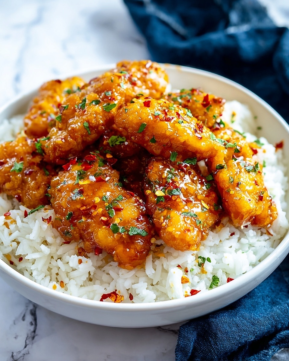 A white bowl filled with a base layer of plain white rice showing soft, fluffy grains. On top, there is a layer of golden-brown, glazed chicken pieces with a shiny, sticky sauce that has a mix of orange and amber colors. The chicken is sprinkled with finely chopped green herbs and small red chili flakes, giving a bright contrast to the warm colors of the glaze. The bowl is set on a white marbled surface with a dark blue cloth napkin in the background. photo taken with an iphone --ar 4:5 --v 7