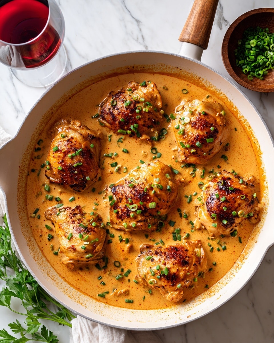 A white pan filled with eight pieces of golden brown chicken cooked in a creamy, thick orange sauce with a glossy texture. The chicken is arranged evenly, covered in the sauce with small chopped green onions sprinkled on top, adding green pops of color. The pan sits on a white marbled surface with a glass of red wine in the upper left corner and a small wooden bowl with more chopped green onions in the upper right. Some fresh parsley leaves are also visible near the bowl. Photo taken with an iphone --ar 4:5 --v 7