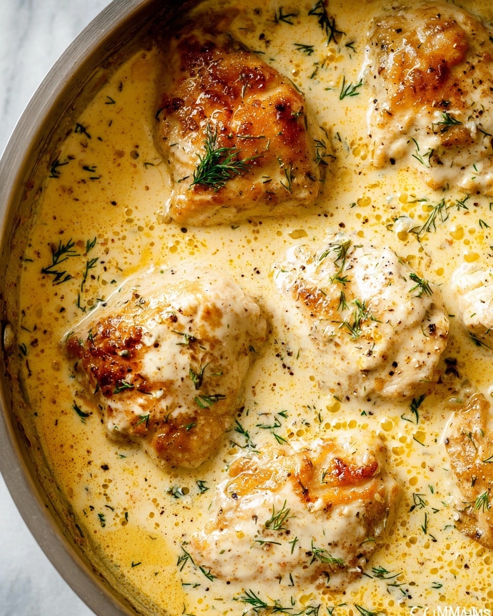 This close-up image shows creamy chicken in a pan with five pieces of browned chicken partially covered in a thick, light yellow sauce with white creamy parts. The sauce has a smooth texture with small bubbles and a glossy shine from melted butter or oil. Small green herb sprinkles, likely dill, dot the sauce and chicken pieces. There are also small black pepper specks scattered over the dish. The scene is set on a white marbled texture, visible at the pan’s edge. Photo taken with an iphone --ar 4:5 --v 7