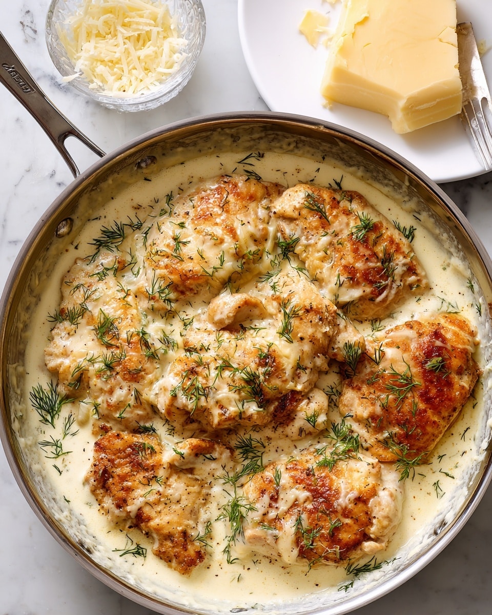 A close-up view of several browned chicken pieces partially covered with thick, creamy white sauce in a silver frying pan, sprinkled with small green dill leaves evenly spread over the sauce and chicken, with some melted cheese blending into the sauce, all on a white marbled surface next to a white plate holding a piece of pale yellow cheese wedge and some small cheese crumbs, photo taken with an iphone --ar 4:5 --v 7