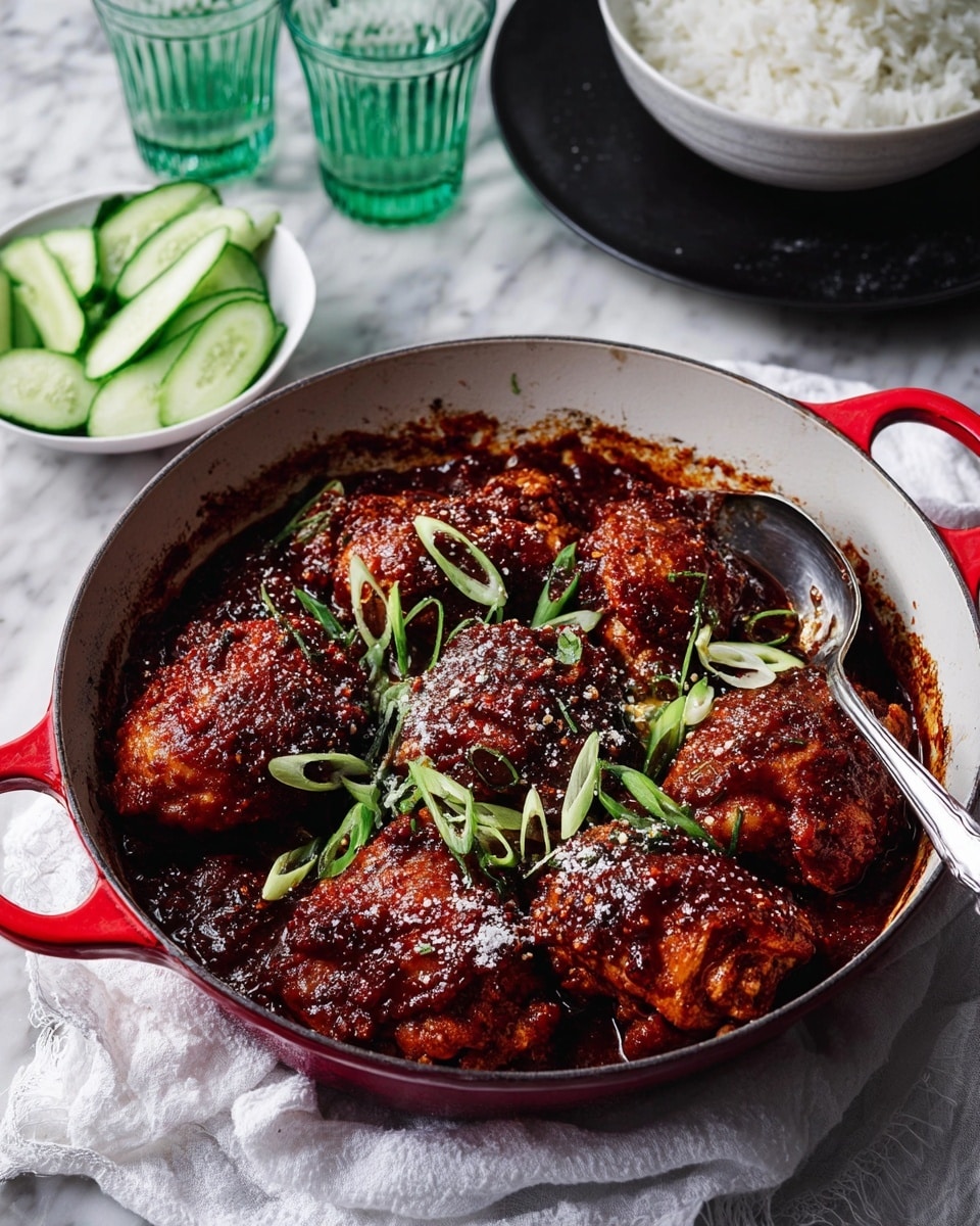 A white pot filled with seven pieces of fried chicken coated in a thick, dark red sauce, sprinkled lightly with a white powder and garnished with fresh green onion slices; the chicken pieces have a crispy, textured crust visible under the sauce. The pot has bright red handles and a metal serving spoon resting inside. In the background, there is a white bowl with thinly sliced cucumbers, a dark plate with white rice, and three clear green glasses, all set on a white marbled surface with a white cloth partially visible under the pot. photo taken with an iphone --ar 4:5 --v 7