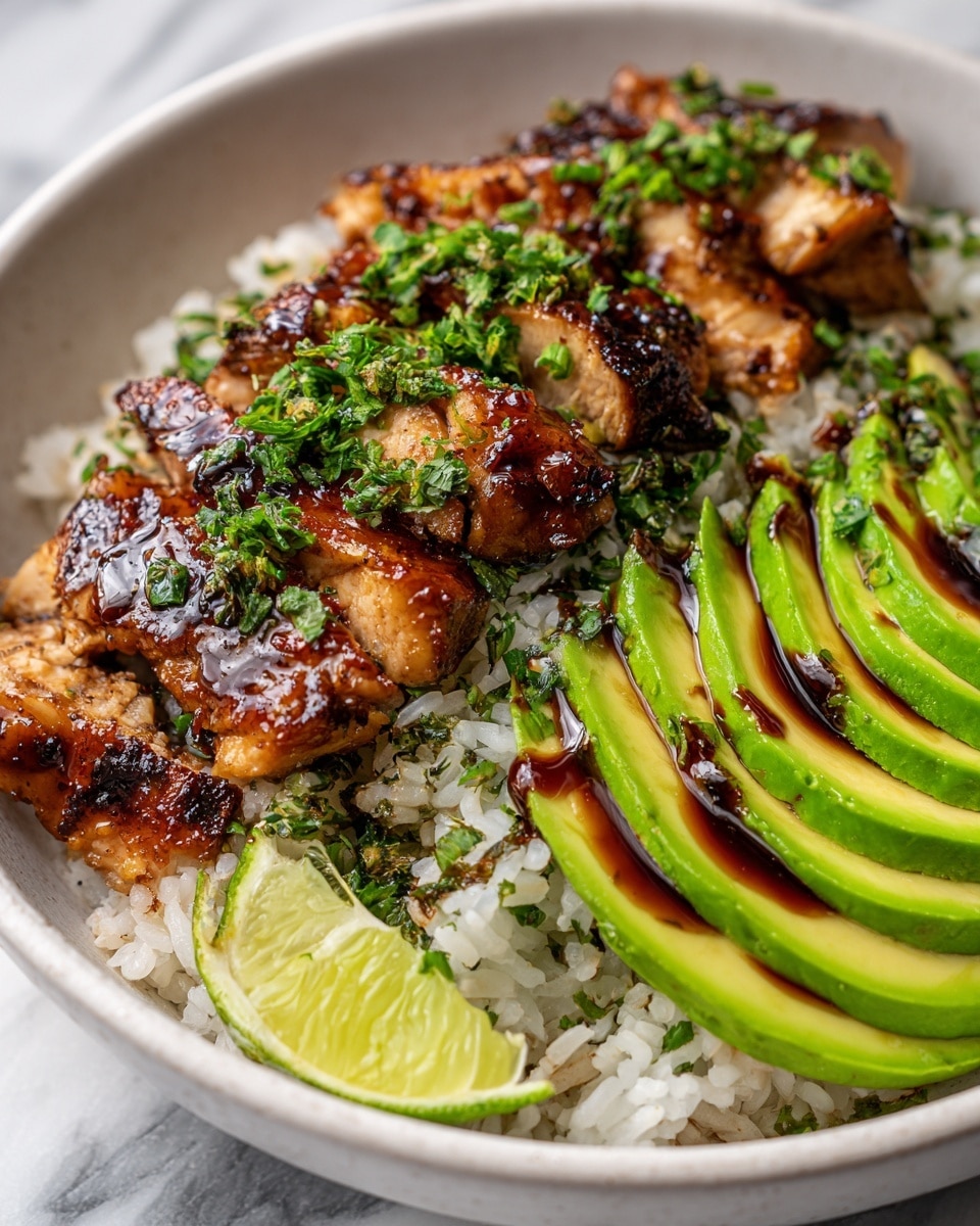 The dish is shown in a close-up on a white bowl against a white marbled texture, featuring a base layer of long-grain white rice speckled with fresh green herbs. On top of the rice is a layer of rich, glossy grilled chicken pieces with a dark brown caramelized finish and lightly charred edges, sprinkled with chopped green herbs. To the side, there are several slices of vibrant green avocado, fanned out and drizzled with a dark sauce. A lime wedge with a bright green rind sits at the edge, adding a fresh contrast. The overall look is colorful and fresh, with a mix of soft and textured layers. photo taken with an iphone --ar 4:5 --v 7