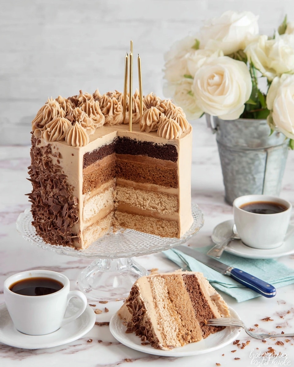 A tall, round cake with four visible layers of cake in different shades of brown, from dark brown at the bottom to light brown at the top, each layer separated by a light brown creamy frosting. The outside of the cake is covered in the same smooth light brown frosting with piped rosettes of frosting and chocolate shavings decorating the bottom right side and the top, where three thin, gold candles stand. A slice of the cake is cut and placed on a white plate in front, showing the layers clearly. The cake sits on a clear glass cake stand, all placed on a white marbled surface. White roses in a metal vase and a white cup of black coffee with a blue-handled knife and spoon add to the setting. Photo taken with an iphone --ar 4:5 --v 7