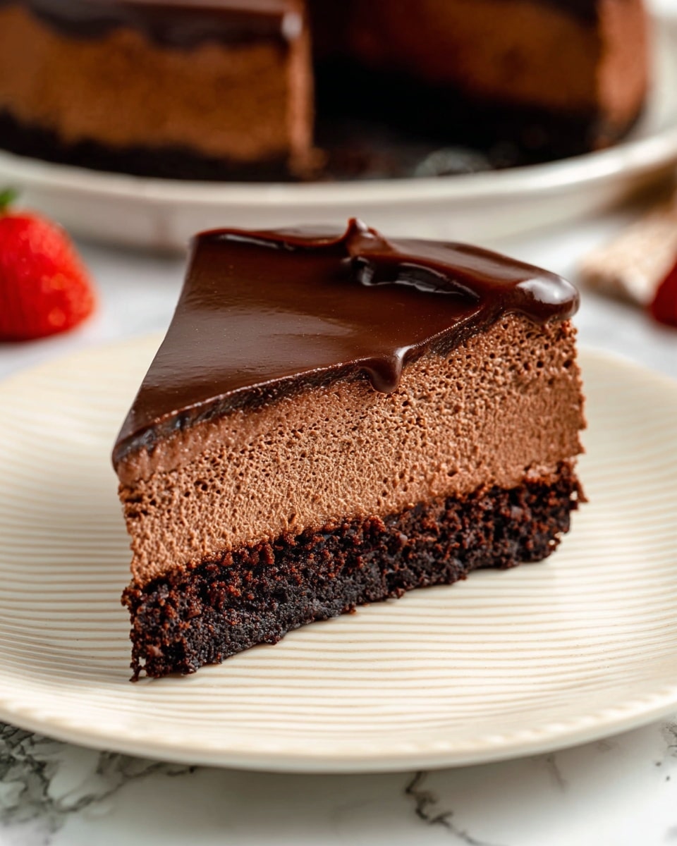 A single slice of rich chocolate mousse cake sits on a white plate with a subtle striped pattern. The cake has three distinct layers: the bottom layer is a dark, crumbly chocolate crust, the middle layer is a thick, airy chocolate mousse with a light, textured surface, and the top layer is a smooth, shiny dark chocolate ganache that gently drapes over the mousse. The background shows a blurred chocolate cake pan and a red strawberry, all placed on a white marbled surface. photo taken with an iphone --ar 4:5 --v 7