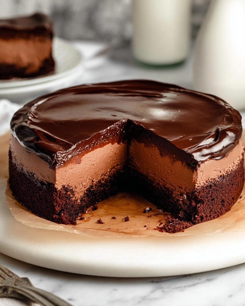 The image shows a chocolate mousse cake with three clear layers. The bottom layer is a soft, dark brown chocolate cake. The middle layer is a thick, light brown chocolate mousse with a smooth, creamy texture. The top layer is a shiny, dark chocolate glaze that covers the whole cake evenly, with slight swirls on the surface. A slice is cut out of the cake, showing the inside texture of each layer. The cake sits on a piece of parchment paper on a round white plate, placed on a white marbled surface. In the background, there is a blurred white pitcher and a milk bottle. photo taken with an iphone --ar 4:5 --v 7