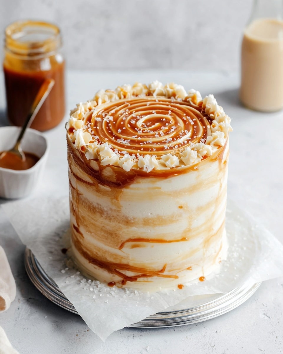 A tall, round cake with three thick layers covered in creamy white frosting swirled with caramel brown streaks all around and on top in a spiral pattern, sprinkled lightly with coarse sea salt crystals. The cake sits on a silver round tray lined with white parchment paper, placed on a white marbled textured surface. In the background, there is a clear glass jar with caramel sauce and a tall glass jar with a beige liquid, both slightly blurred. photo taken with an iphone --ar 4:5 --v 7
