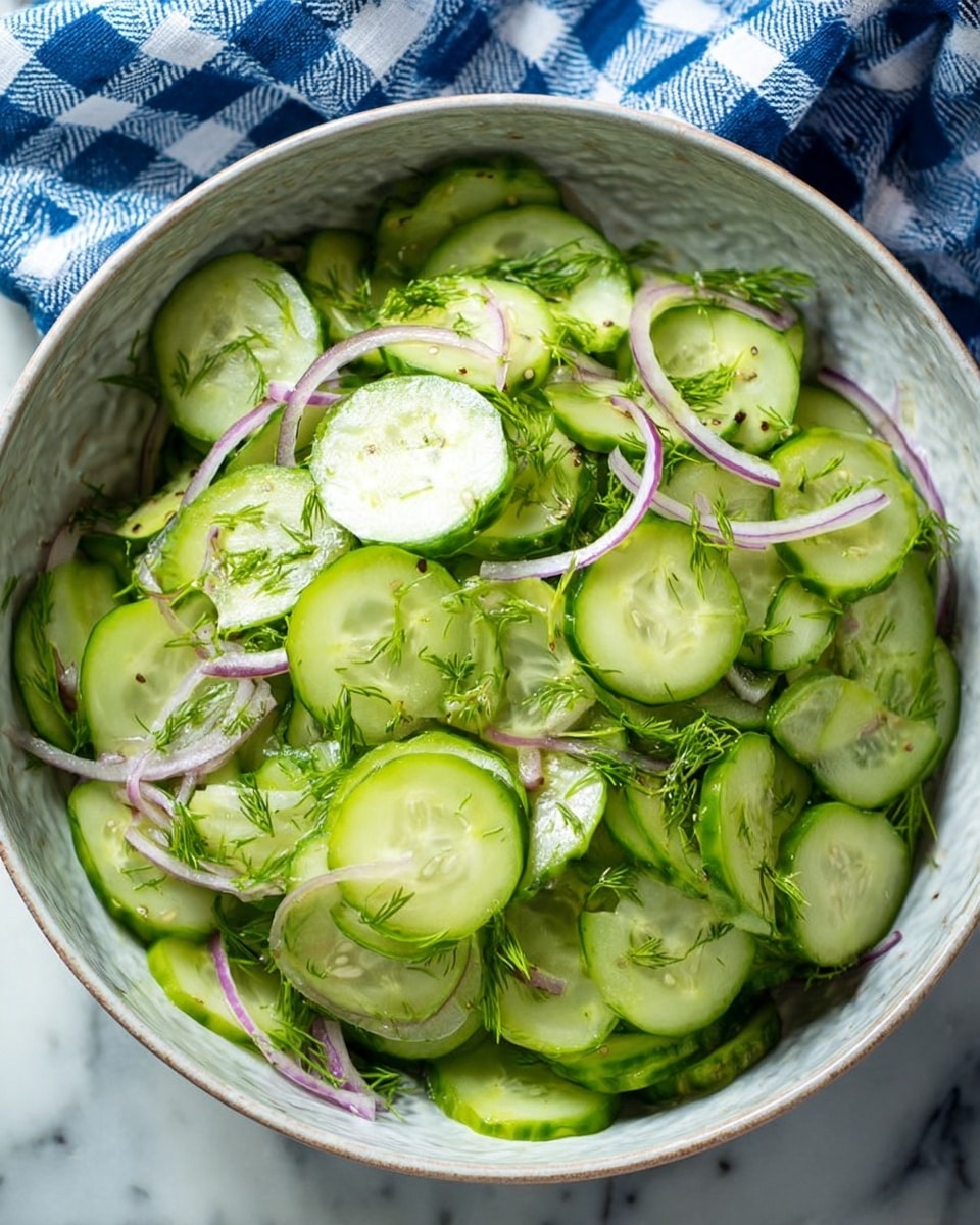 A bowl with a white marbled texture holds a fresh cucumber salad made of many thin green cucumber slices layered on top of each other, mixed evenly with thin strips of light purple onion and small sprigs of green dill scattered throughout. The cucumber slices appear juicy with a slight sheen. The bowl's edge is visible, and the background also shows a white marbled texture with a blue and white checkered cloth partially visible in the upper right. photo taken with an iphone --ar 4:5 --v 7