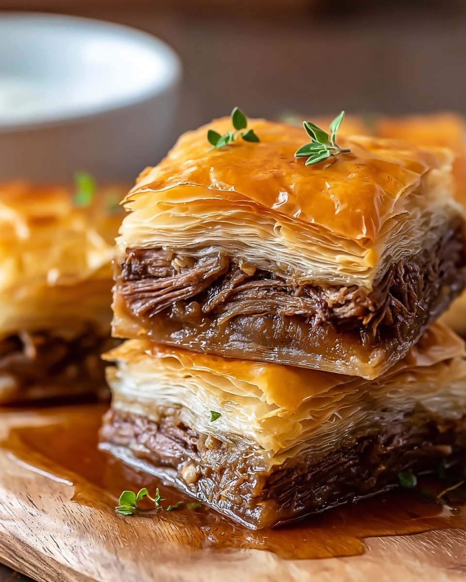 The image shows three square pieces of a layered dish stacked together. Each piece has a shiny, golden-brown top layer that looks flaky and crispy, with visible thin layers creating a delicate texture. Below the top layer is a thick, juicy layer of shredded dark brown meat that looks soft and tender. The bottom layer is another flaky, light golden pastry that holds the meat, with a small amount of sauce pooling around the base. Small green herb sprigs are placed on top as garnish. The dish is presented on a wooden surface, with a blurred white bowl in the background. photo taken with an iphone --ar 4:5 --v 7