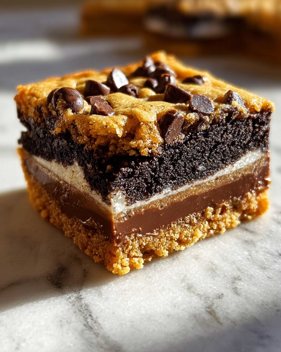 The image shows a close-up of a thick square dessert bar cut in half, placed on a white marbled surface. The bottom layer is a golden brown cookie dough base with a slightly crumbly texture and chocolate chunks. Above that is a smooth, dense dark chocolate layer. Then, there is a black and white Oreo cookie layer in the middle, distinct with its cream filling and dark cookie halves. The top layer is a golden cookie dough with melted chocolate chips scattered throughout, looking soft and slightly gooey. The layers are clearly seen with a rich mix of textures and colors. Photo taken with an iphone --ar 4:5 --v 7