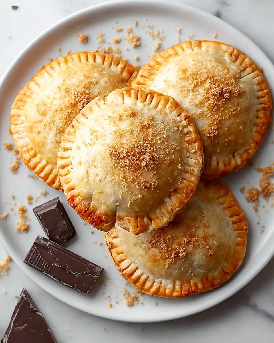 A white plate holds five round, golden-brown hand pies, each with a crimped edge and a slightly cracked, flaky crust topped with scattered light brown crumbs. The hand pies are stacked in a loose pile, showing layers of the crisp, baked dough. Near the bottom left edge of the plate, two small pieces of dark chocolate sit alongside some crumbs, adding a dark contrast to the warm tones of the hand pies. The plate is set on a white marbled surface. photo taken with an iphone --ar 4:5 --v 7
