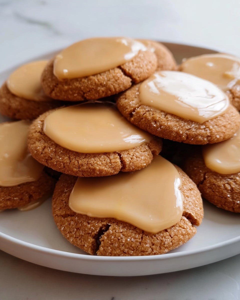 A stack of round cookies is displayed on a white plate, each cookie having a rough, cracked brown base layer. On top of each cookie, there is a smooth, glossy beige icing layer that is unevenly spread, creating soft, irregular edges. The cookies are arranged in a slightly messy pile, showing a mix of full tops and side edges. The plate sits on a white marbled surface, adding a clean, bright background to the warm tones of the cookies. photo taken with an iphone --ar 4:5 --v 7