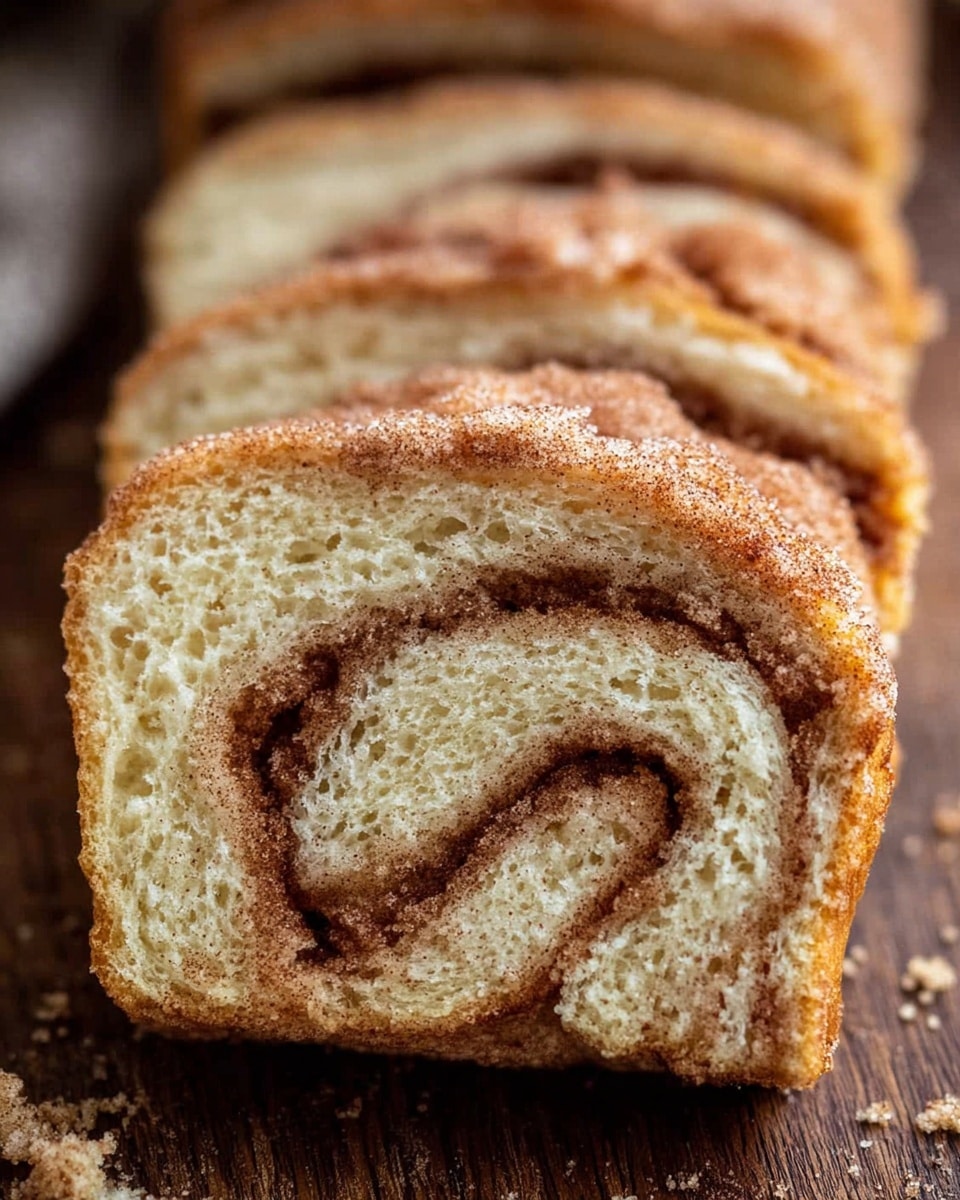 A loaf of cinnamon swirl bread is sliced and placed on white parchment paper over a white marbled surface. The bread has a golden-brown crust with a crumbly cinnamon sugar topping visible on the top. Inside, each slice shows two visible layers: a light beige soft bread base and a dark, rich brown cinnamon swirl that winds through the middle, creating a spiral pattern. The texture looks soft and moist with a slightly crunchy topping, and two cinnamon sticks are placed near the front on the white marbled surface. photo taken with an iphone --ar 4:5 --v 7