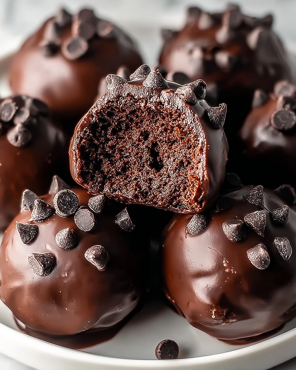 The image shows several round chocolate truffles covered in a smooth, shiny dark chocolate coating. Each truffle is decorated with small dark chocolate chips on top, adding texture and detail. One truffle is bitten to reveal a rich, moist, dark brown cake-like inside with a slightly crumbly texture. The truffles sit closely together on a white plate that rests on a white marbled surface. Photo taken with an iphone --ar 4:5 --v 7