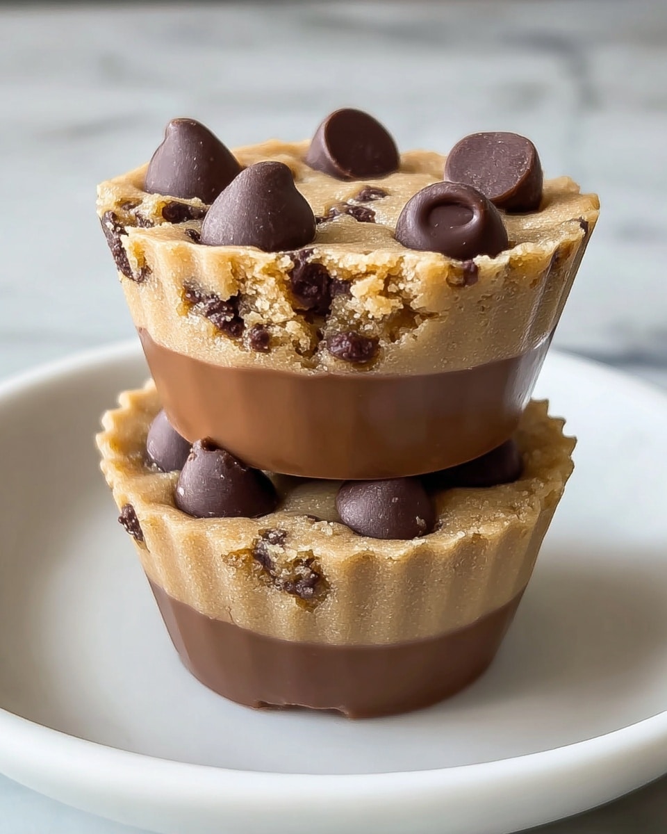 The image shows two small dessert cups stacked on a white plate, each with two layers. The bottom layer is smooth milk chocolate with a shiny texture, filling about half of the cup. The top layer is a light brown cookie dough with visible chocolate chips mixed in and a slightly crumbly texture. On top of each cookie layer, there are several large, smooth dark chocolate chips spaced evenly. The background has a white marbled texture. photo taken with an iphone --ar 4:5 --v 7